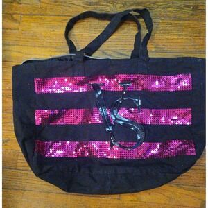 Victorias Secret Black Pink Sequin Stripe VS Logo Canvas Zipper Tote Bag Large